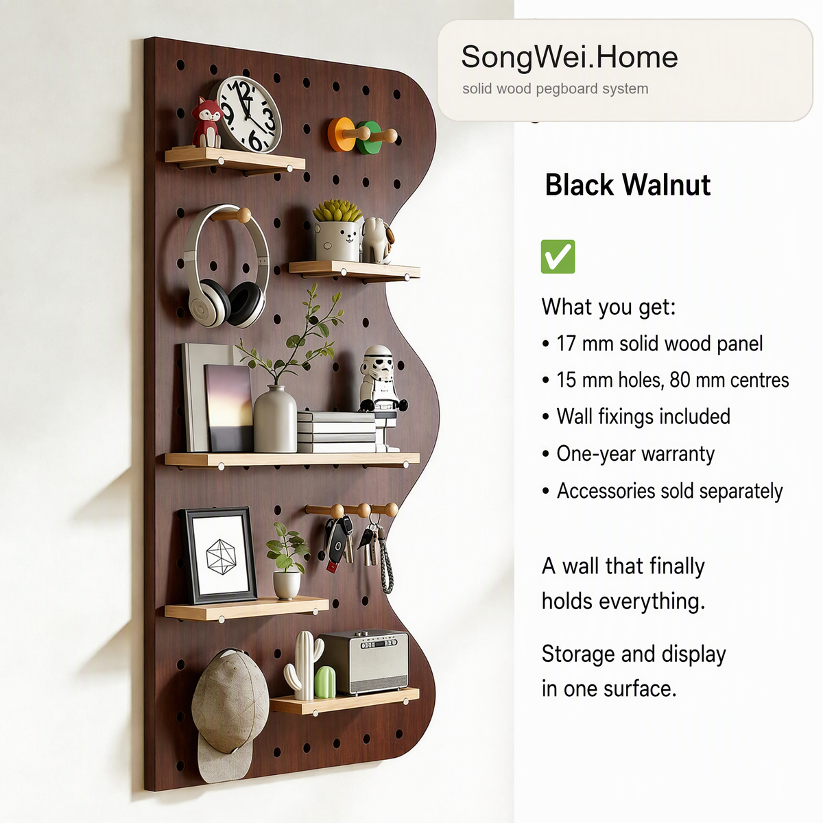 Black walnut solid wood pegboard panel with shelves and pegs, shown with accessories