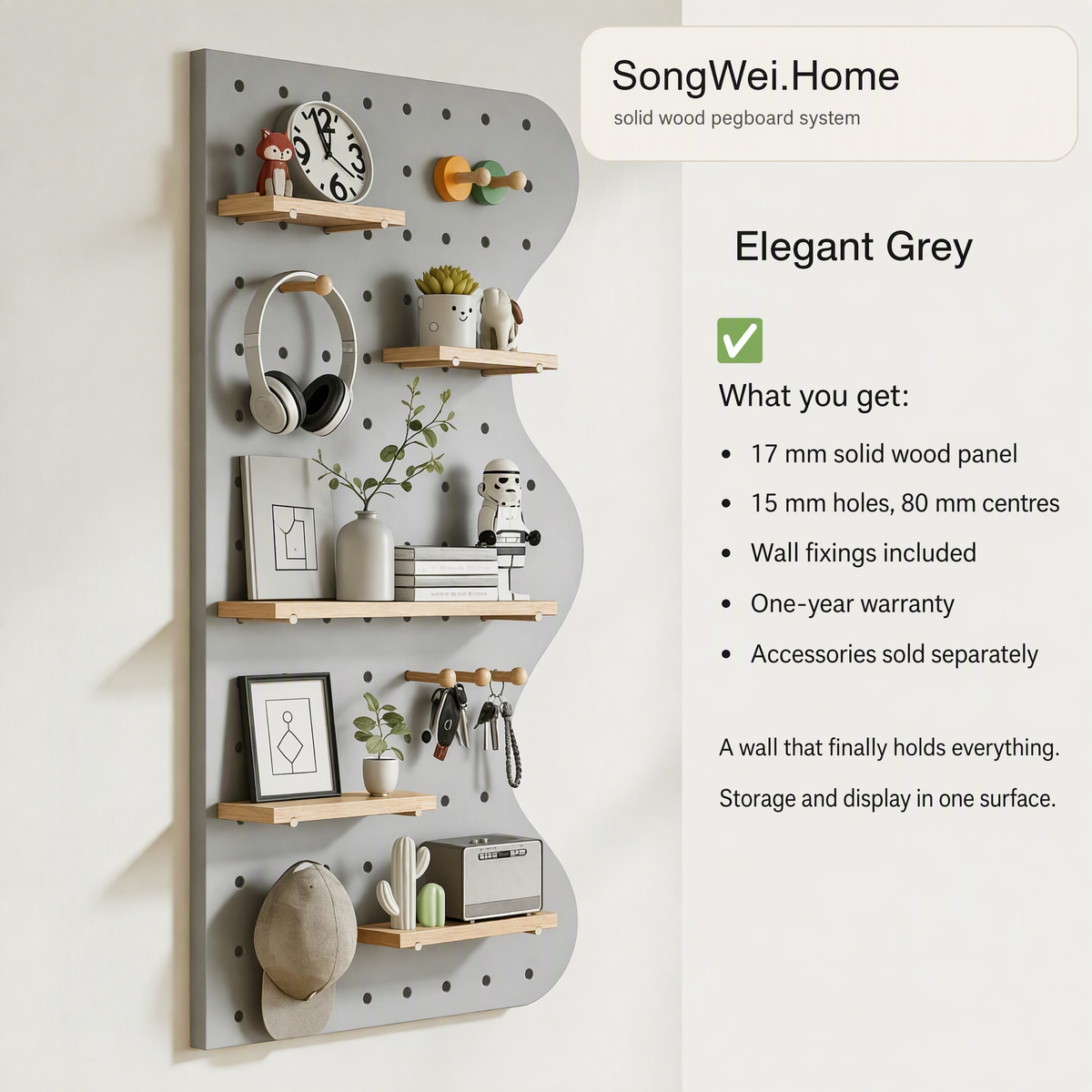 Elegant grey solid wood pegboard panel with shelves and pegs, shown with accessories