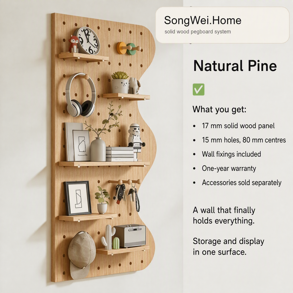 Natural pine solid wood pegboard panel with shelves and pegs, shown with accessories