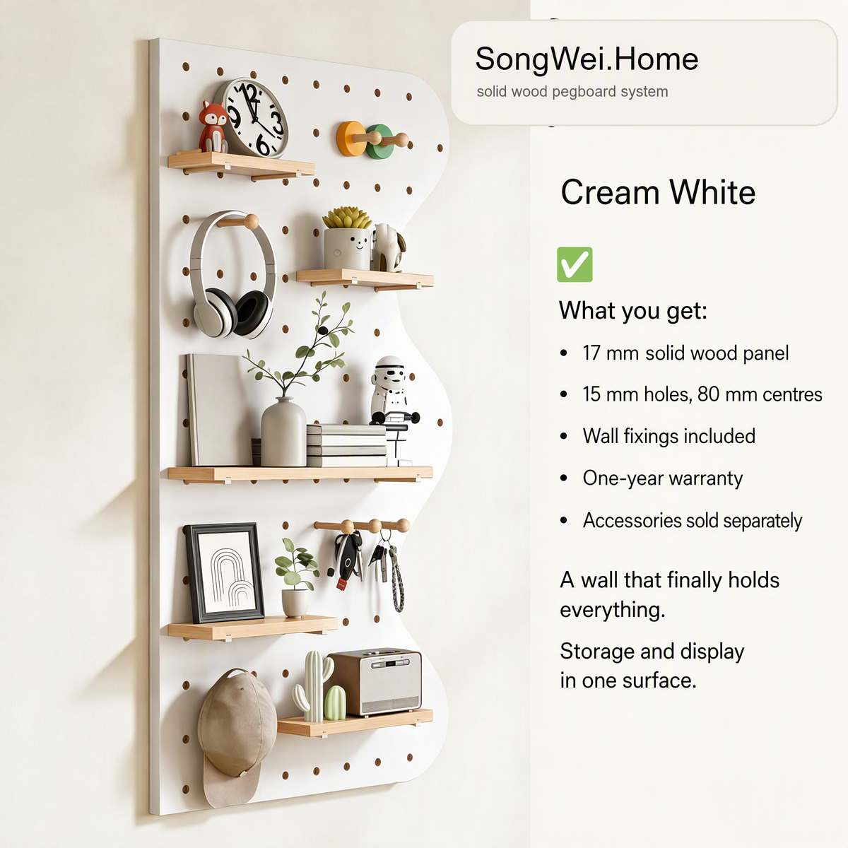 Cream white solid wood pegboard panel with shelves and pegs, shown with accessories
