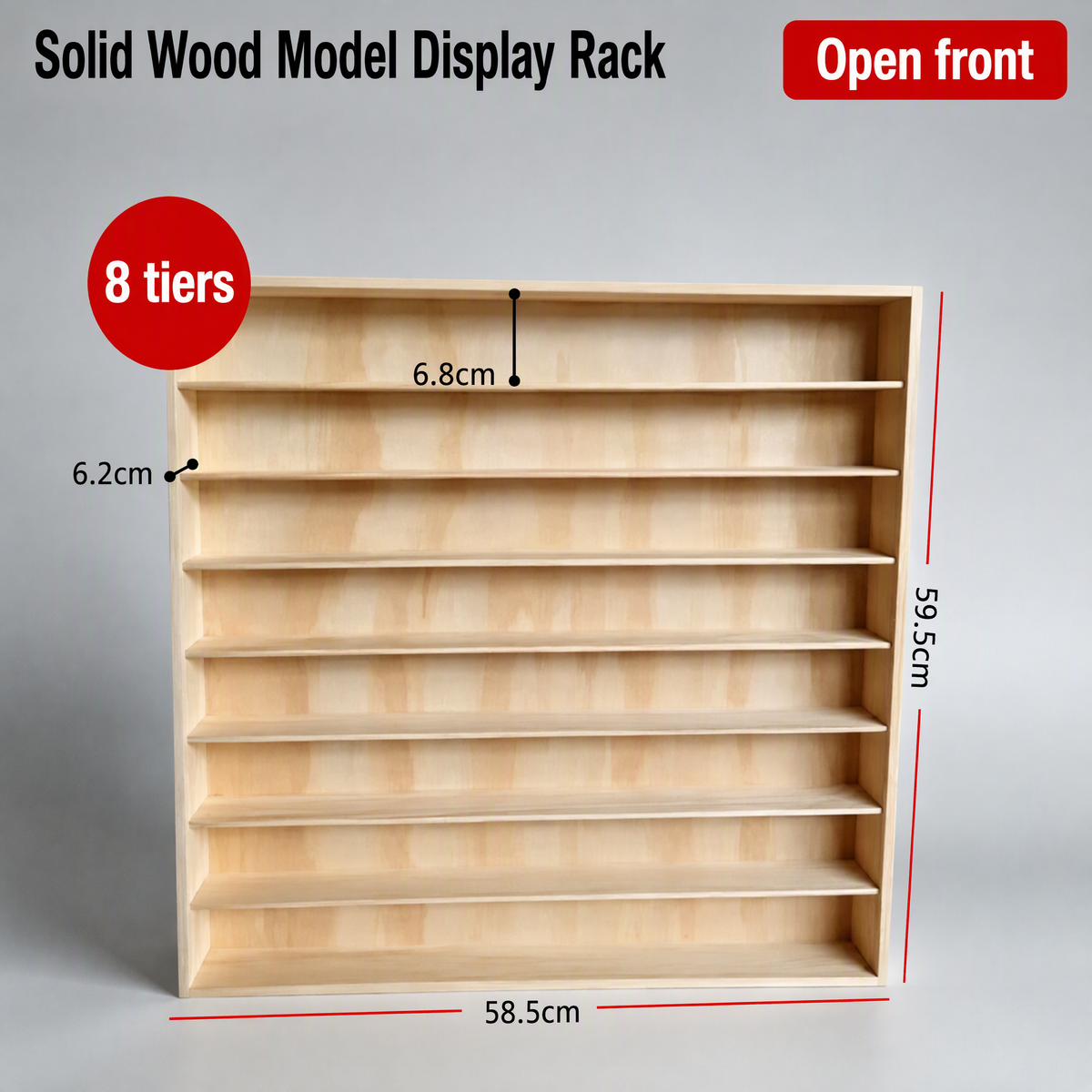 Solid wood craft storage rack, eight tiers, open front, shown with dimensions