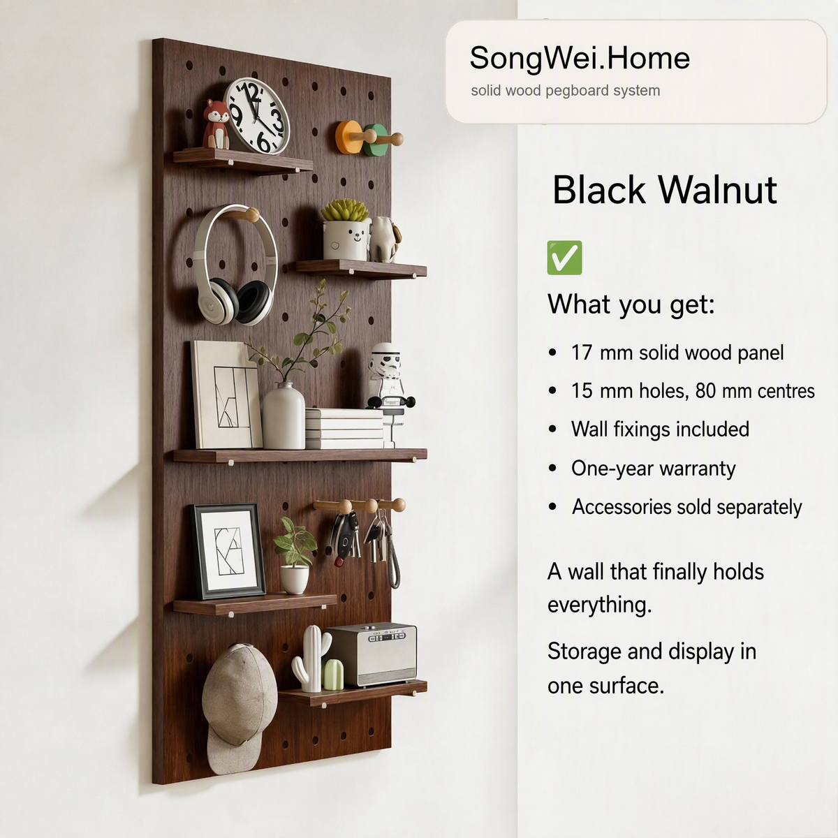 Black walnut solid wood pegboard panel with shelves and pegs, shown with accessories