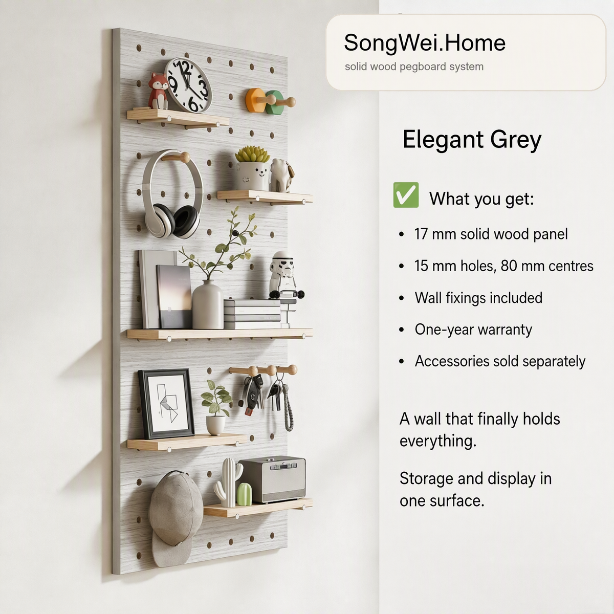 Elegant grey solid wood pegboard panel with shelves and pegs, shown with accessories