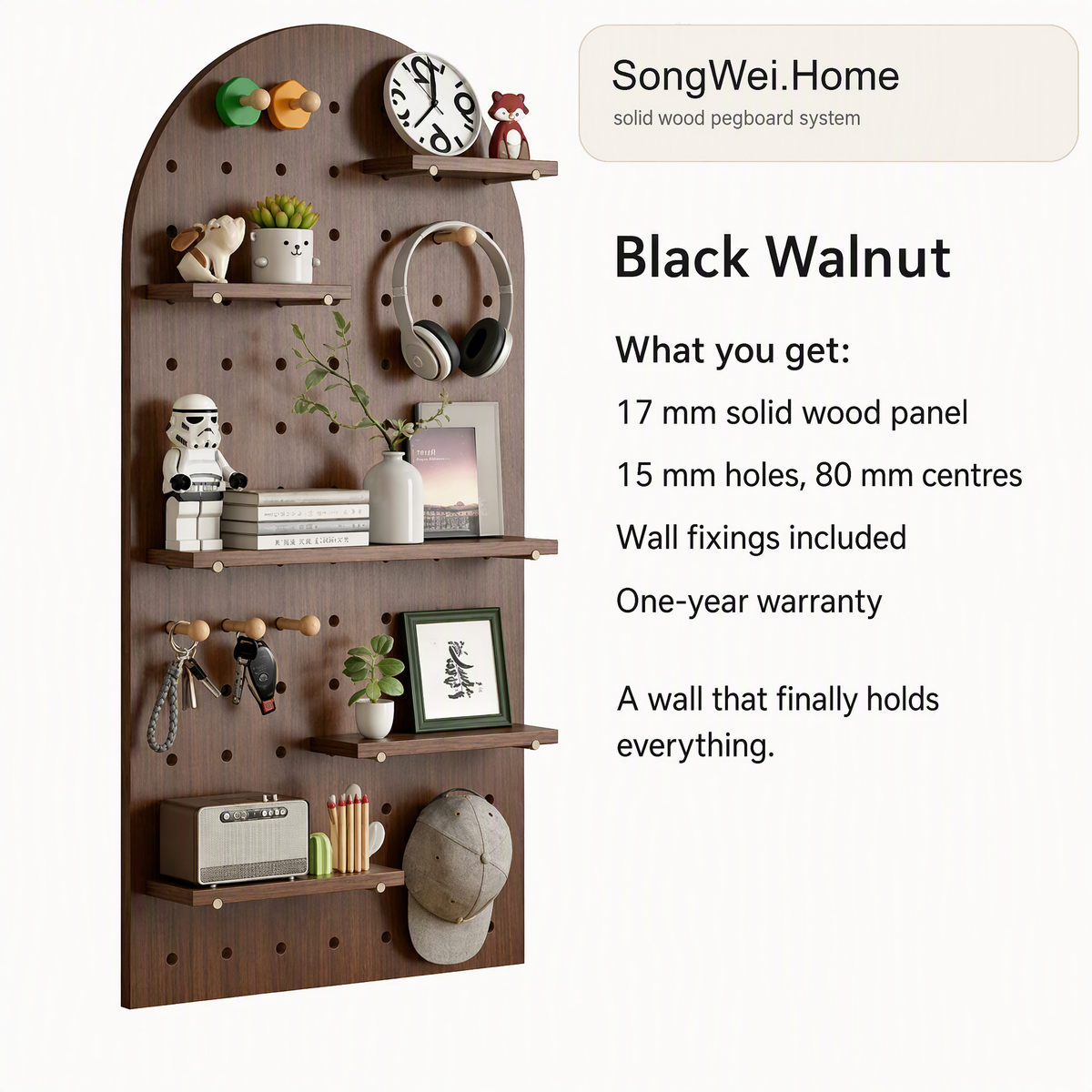 Black walnut solid wood pegboard panel with shelves and pegs, shown with accessories