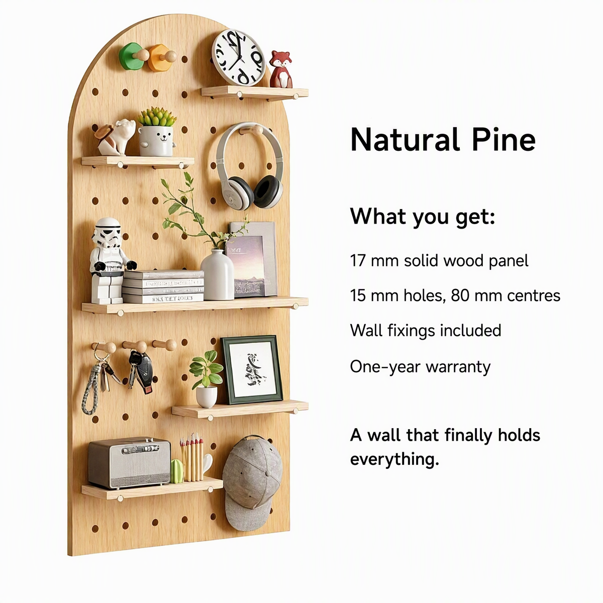 Natural pine solid wood pegboard panel with shelves and pegs, shown with accessories