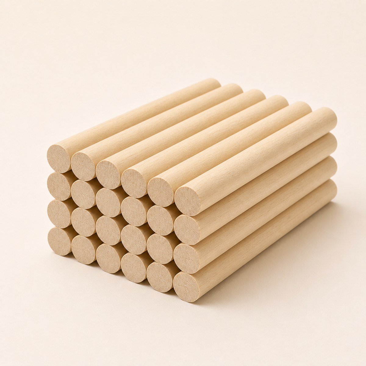Thirty natural pine dowel pegs 15 mm by 11.5 cm on a white background
