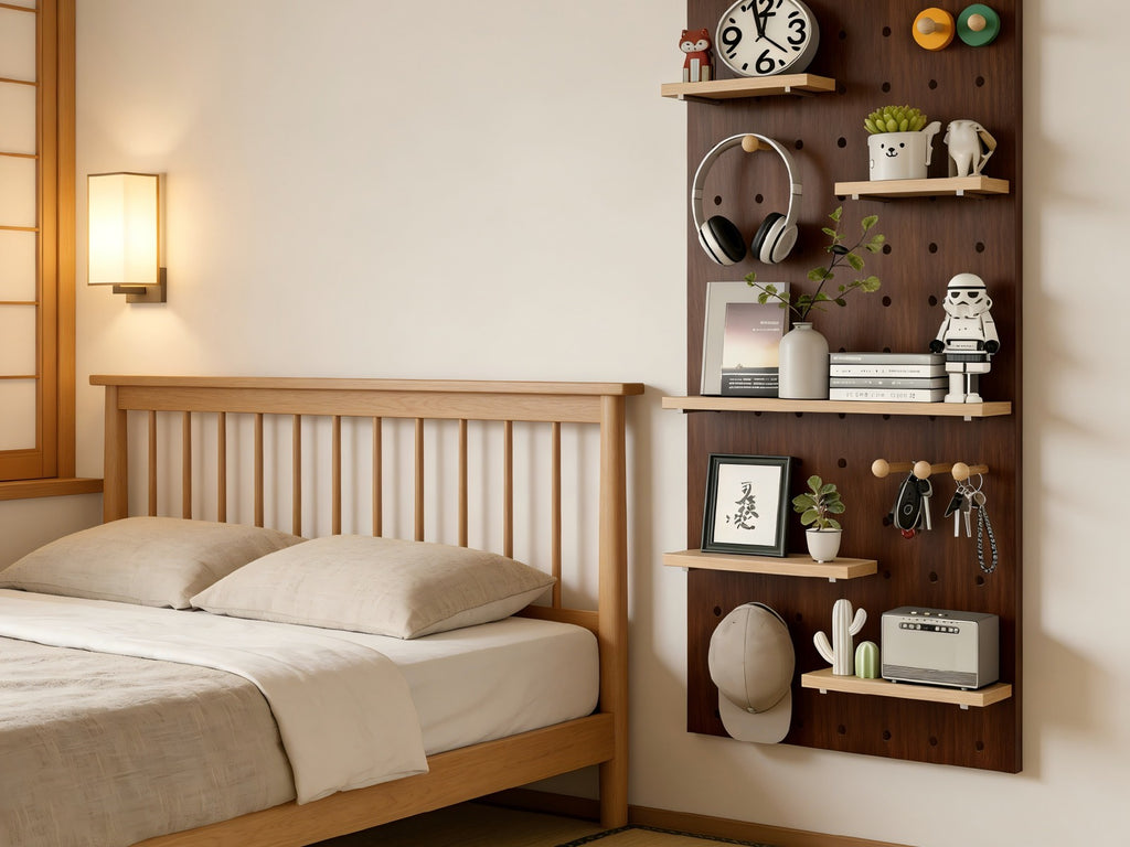 Wave Wooden Pegboard Wall Panel - Solid Wood, ENF-Grade - Bedroom scene