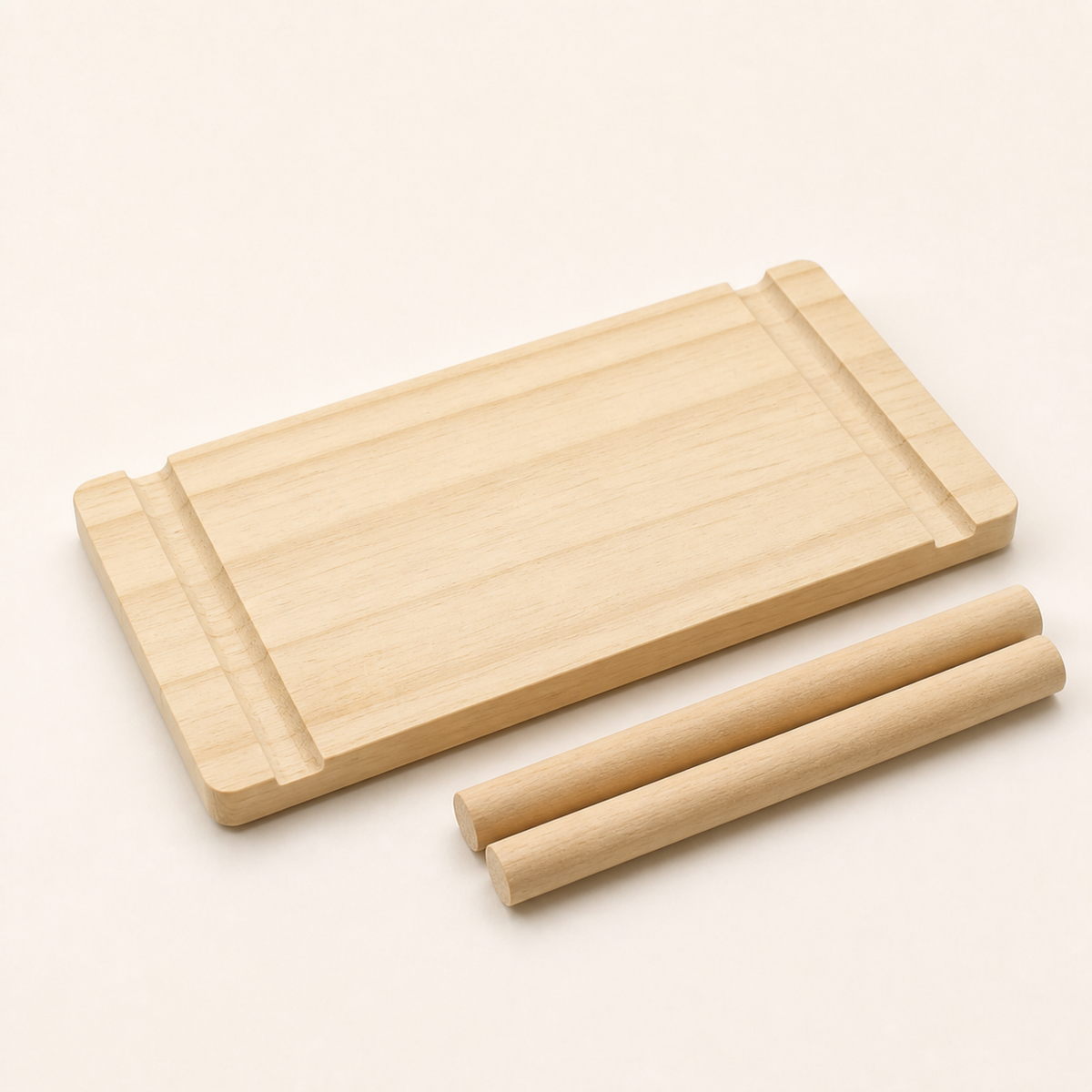 Solid pine pegboard shelf 10 x 20 cm shown with two wooden dowels on a white background