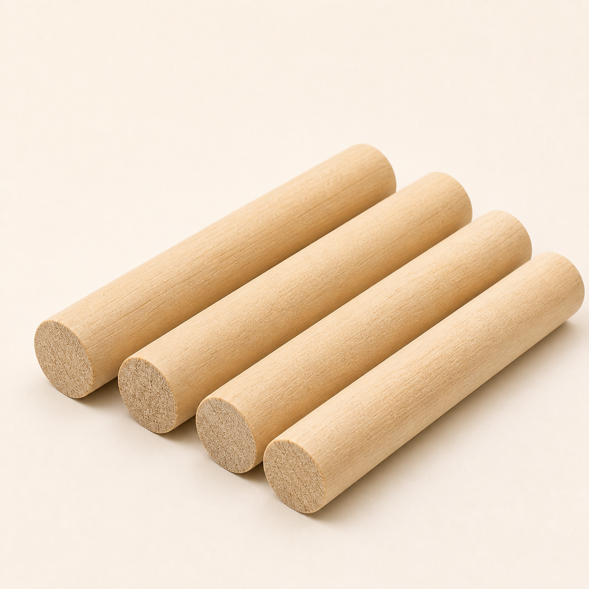 Four solid wood pegboard dowels 20 mm diameter by 11.5 cm long on a white background