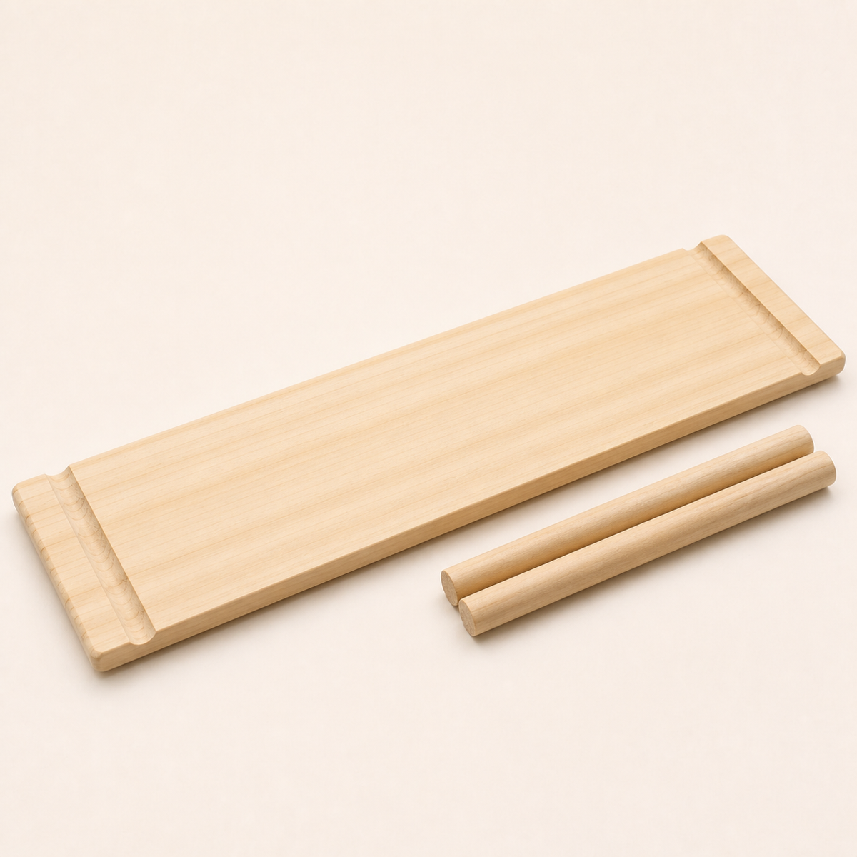Solid pine pegboard shelf 10 x 40 cm shown with two wooden dowels on a white background