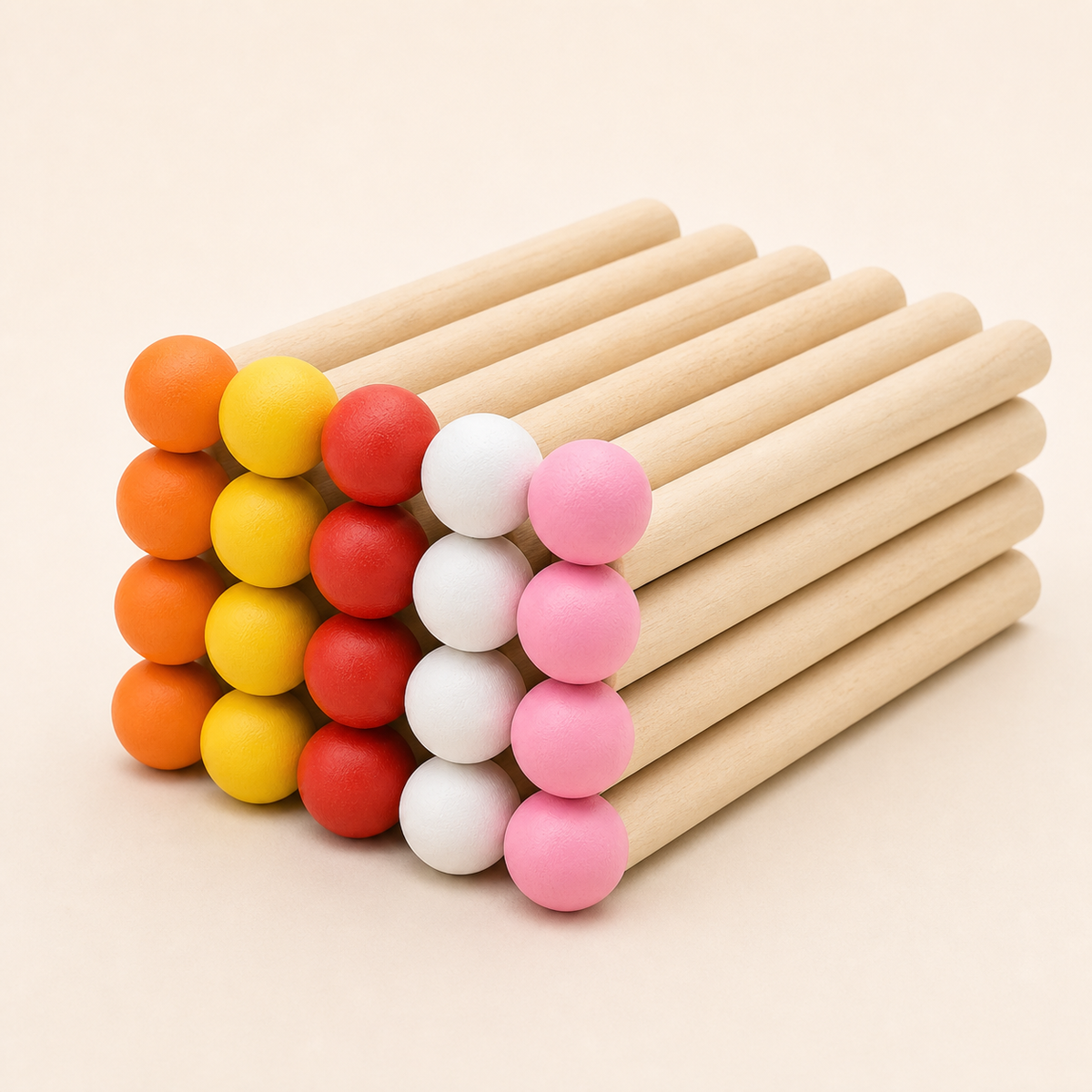 Twenty coloured wooden matchstick pegs in a rainbow mix on a white background