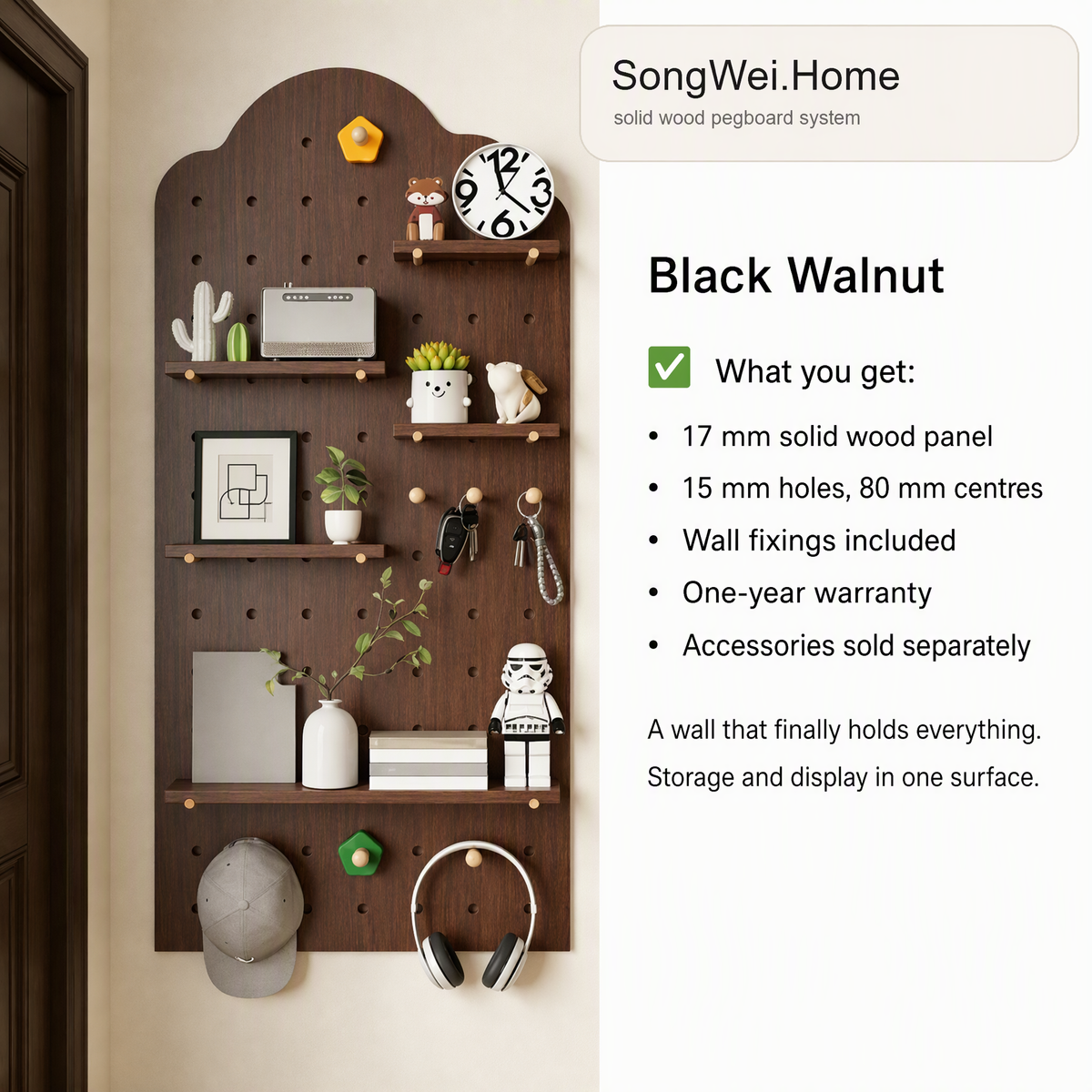 Black walnut solid wood pegboard panel with shelves and pegs, shown with accessories