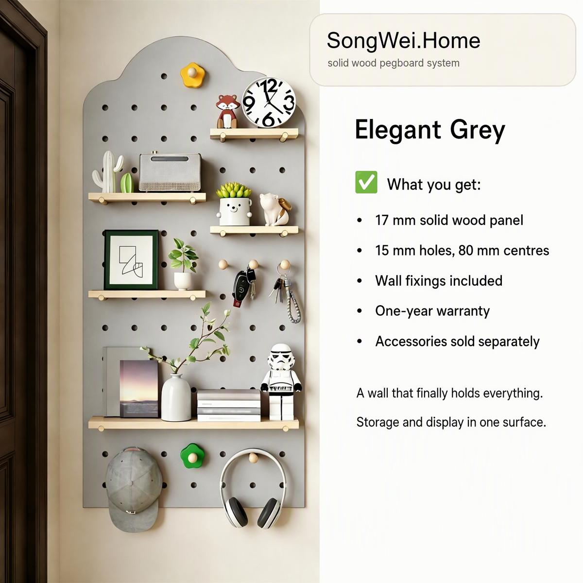 Elegant grey solid wood pegboard panel with shelves and pegs, shown with accessories