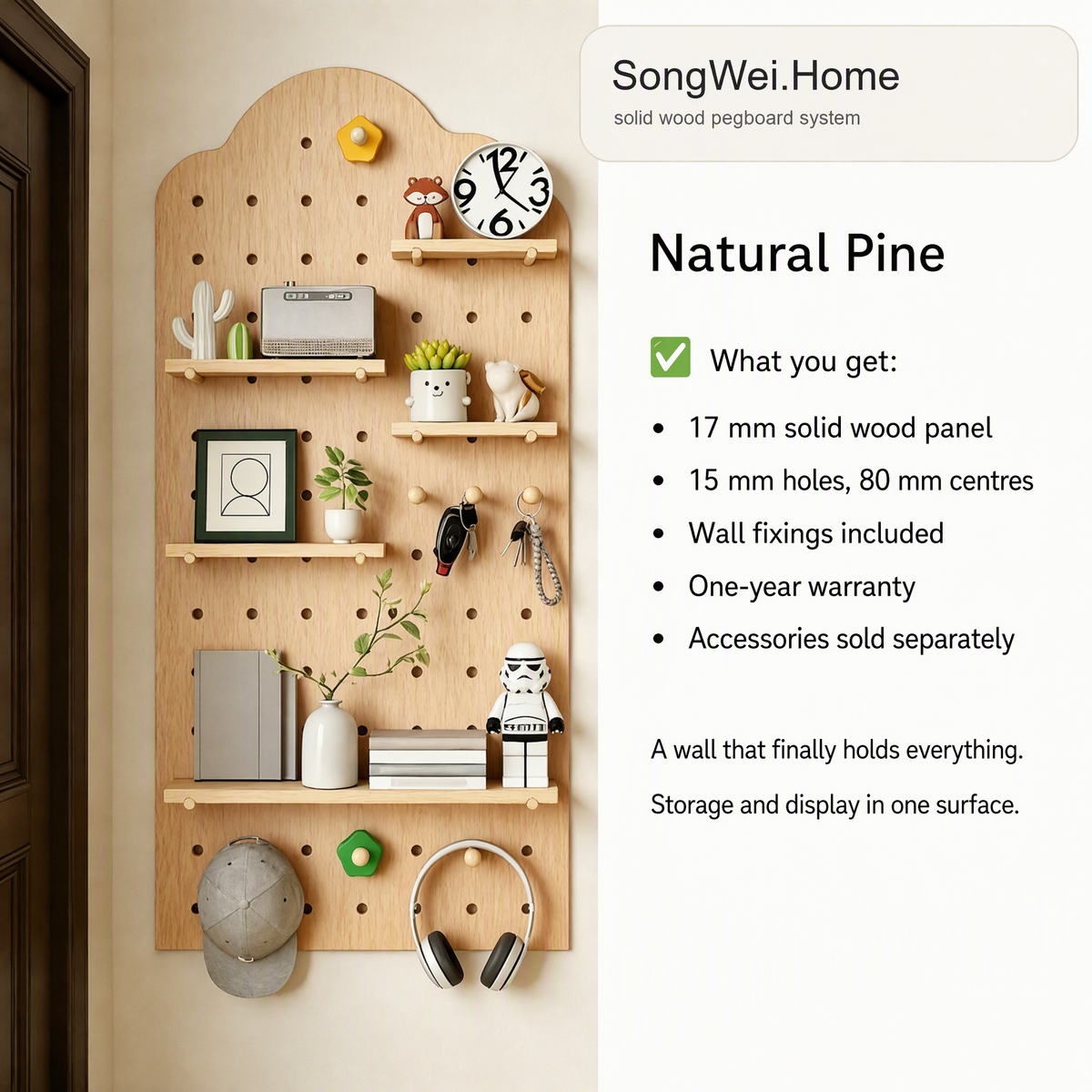 Natural pine solid wood pegboard panel with shelves and pegs, shown with accessories