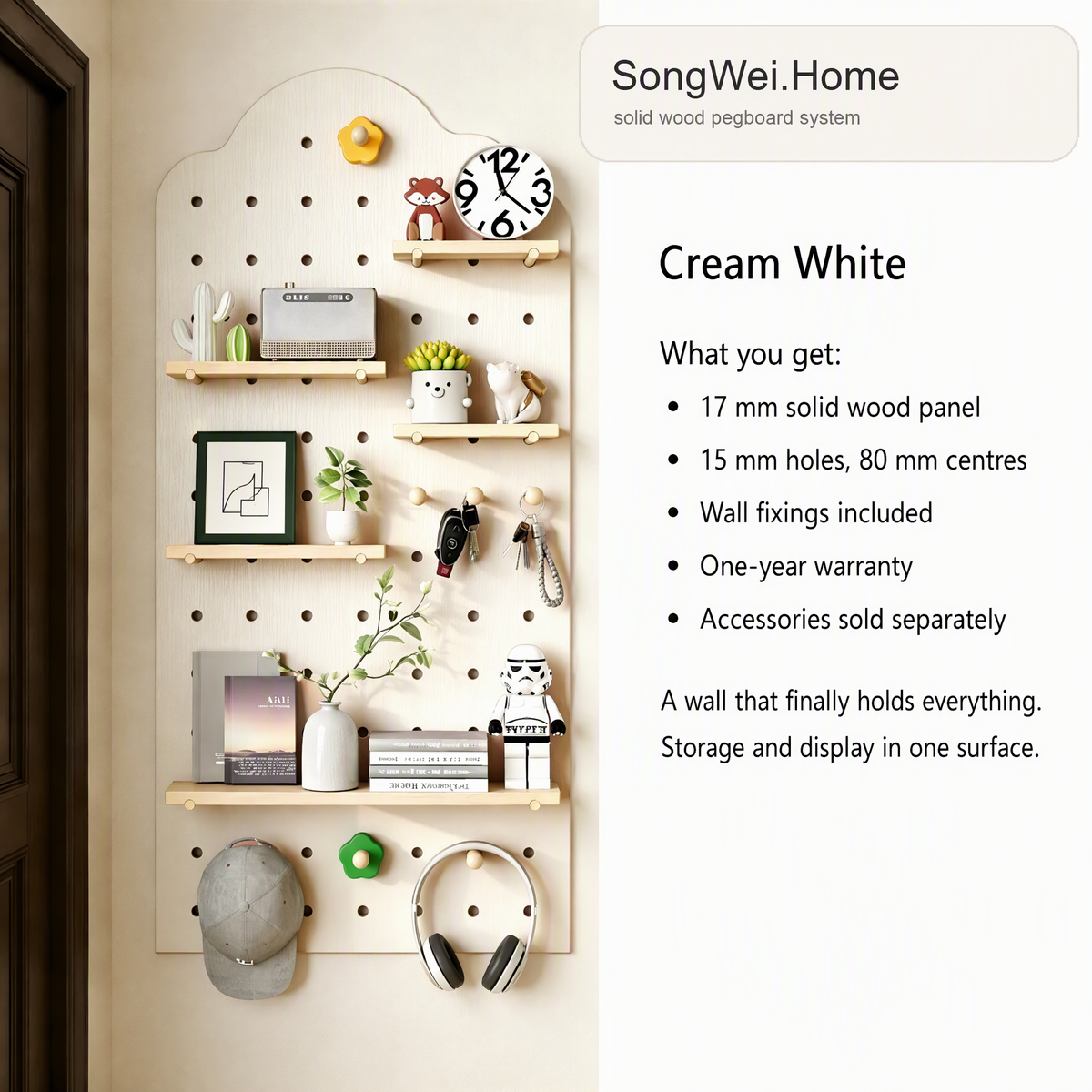 Cream white solid wood pegboard panel with shelves and pegs, shown with accessories