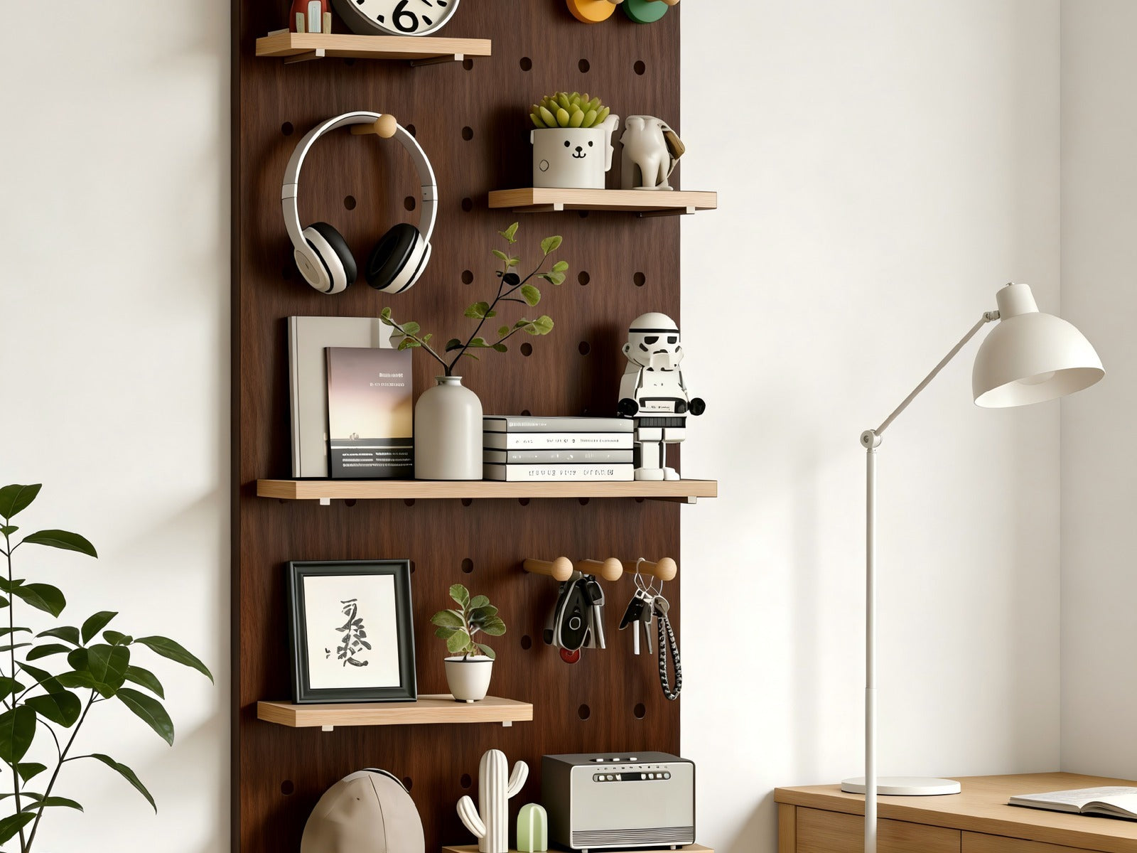 Square pegboard panel mounted above a desk